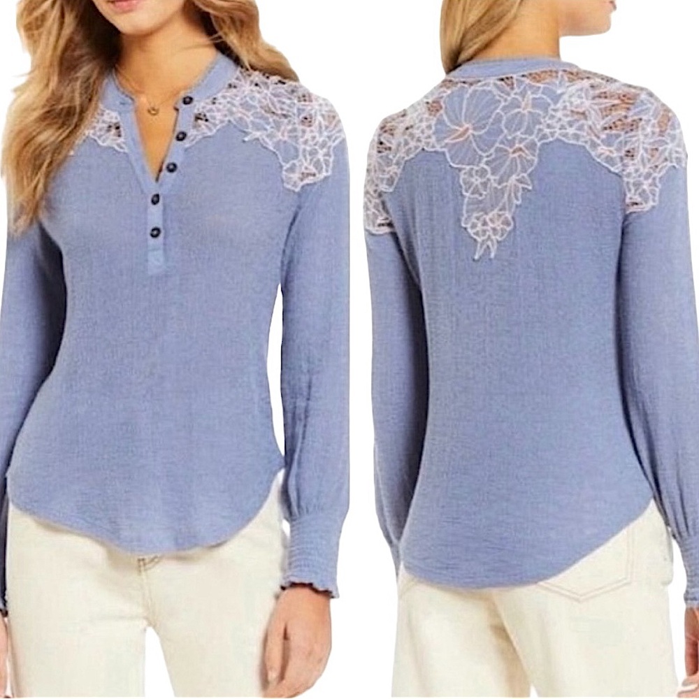 FREE PEOPLE: Easy Breezy Just Dusk  Appliqué Lace Henley Shirt -Size Medium
